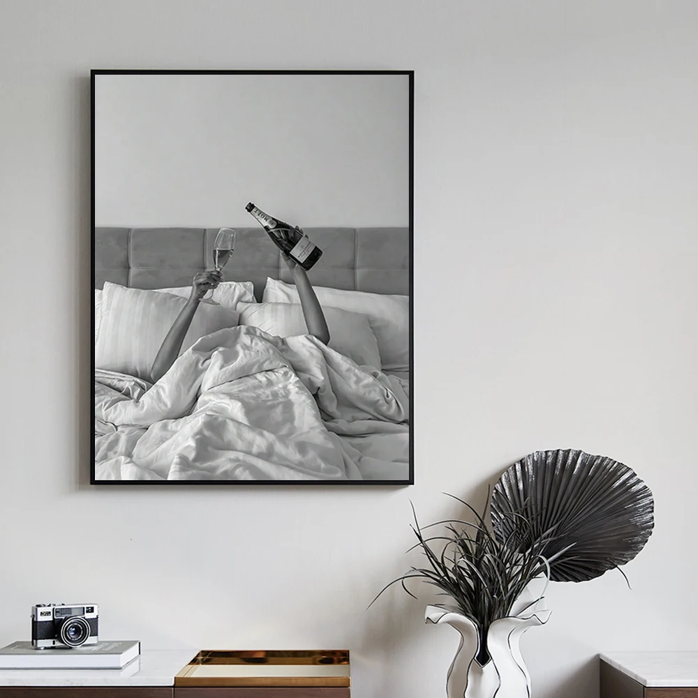 Modern Simple Wall Art Black and White Champagne Celebration Canvas Print Poster Home Living Room Bedroom Decoration