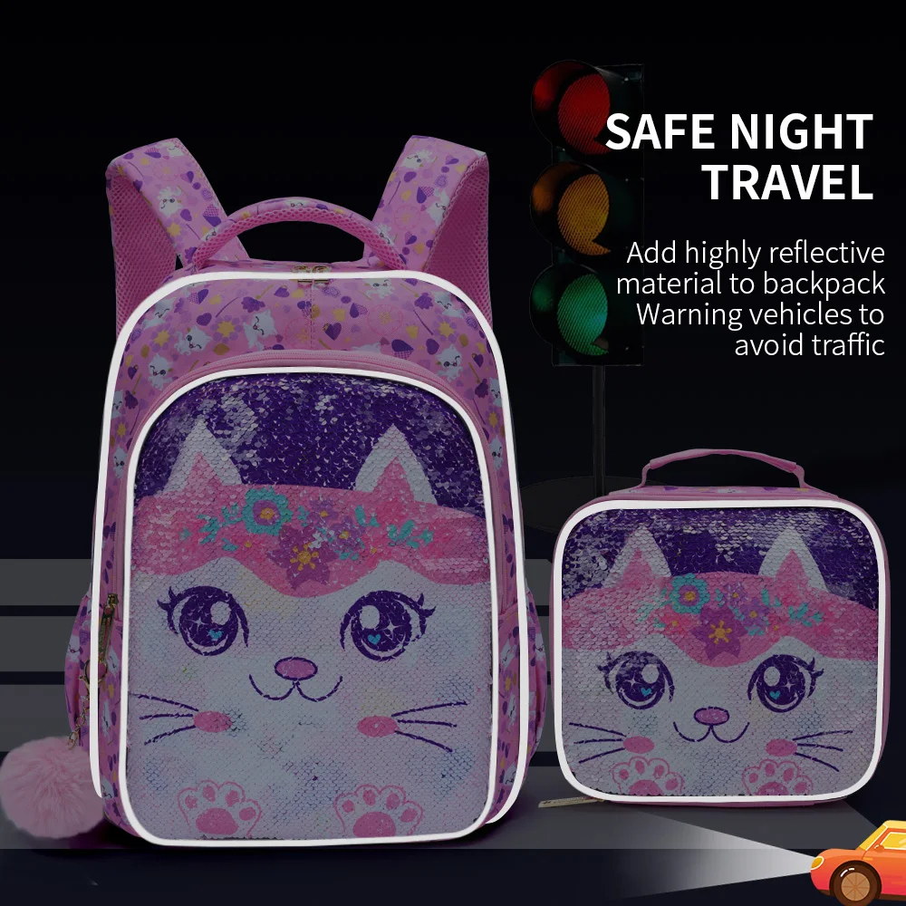 3PCS set Backpack For Girls, Cute Cartoon Kitty Sequin Design Bookbag With Lunch Box And Pen Bag, Glow-in-the-dark Function-Pink