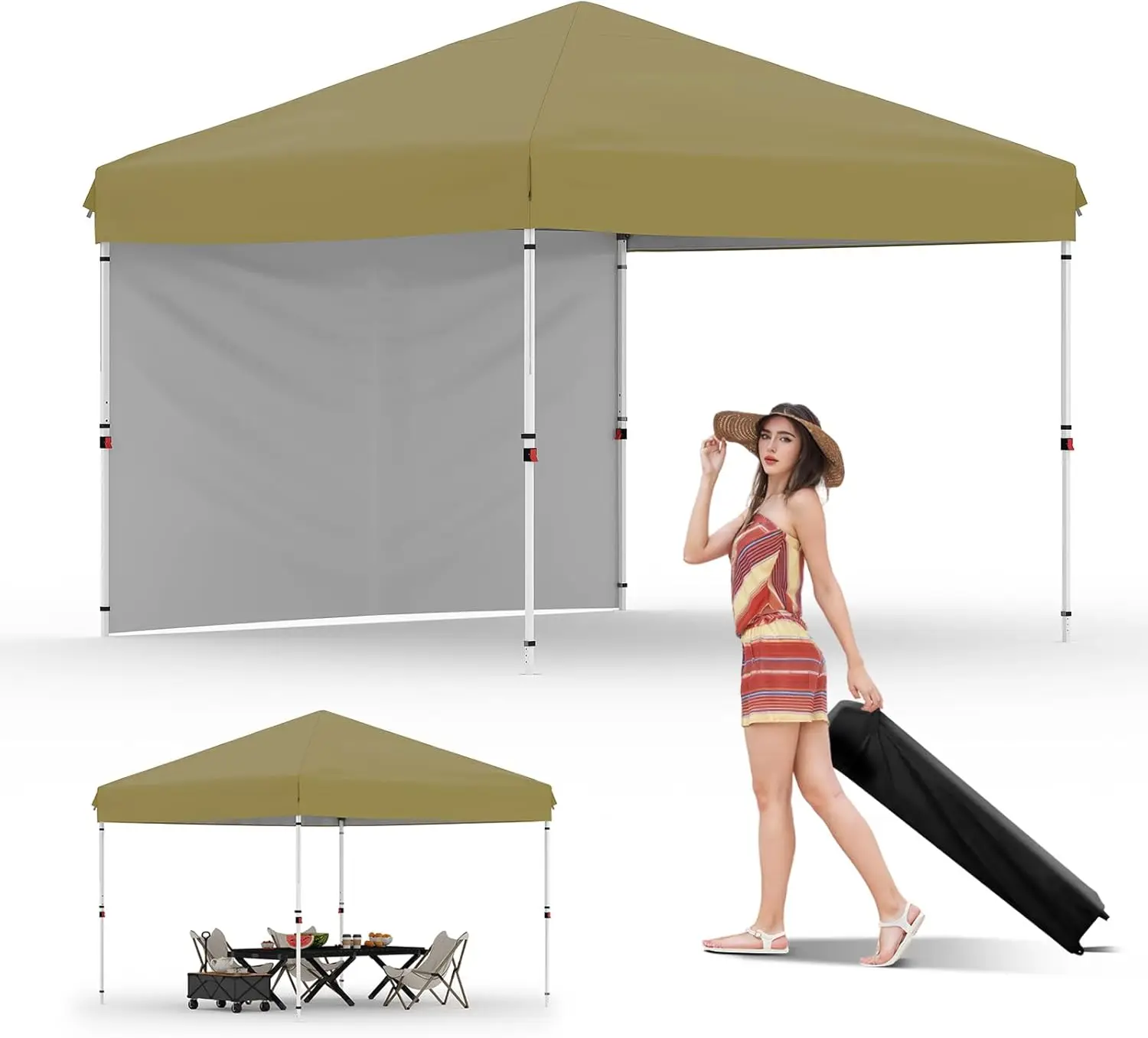 

10x10 Pop Up Canopy with One Sidewalls Easy Up Camping Tent with One Button Push Setup 1 Roller Bag 3 Adjustable Height 4 Wei