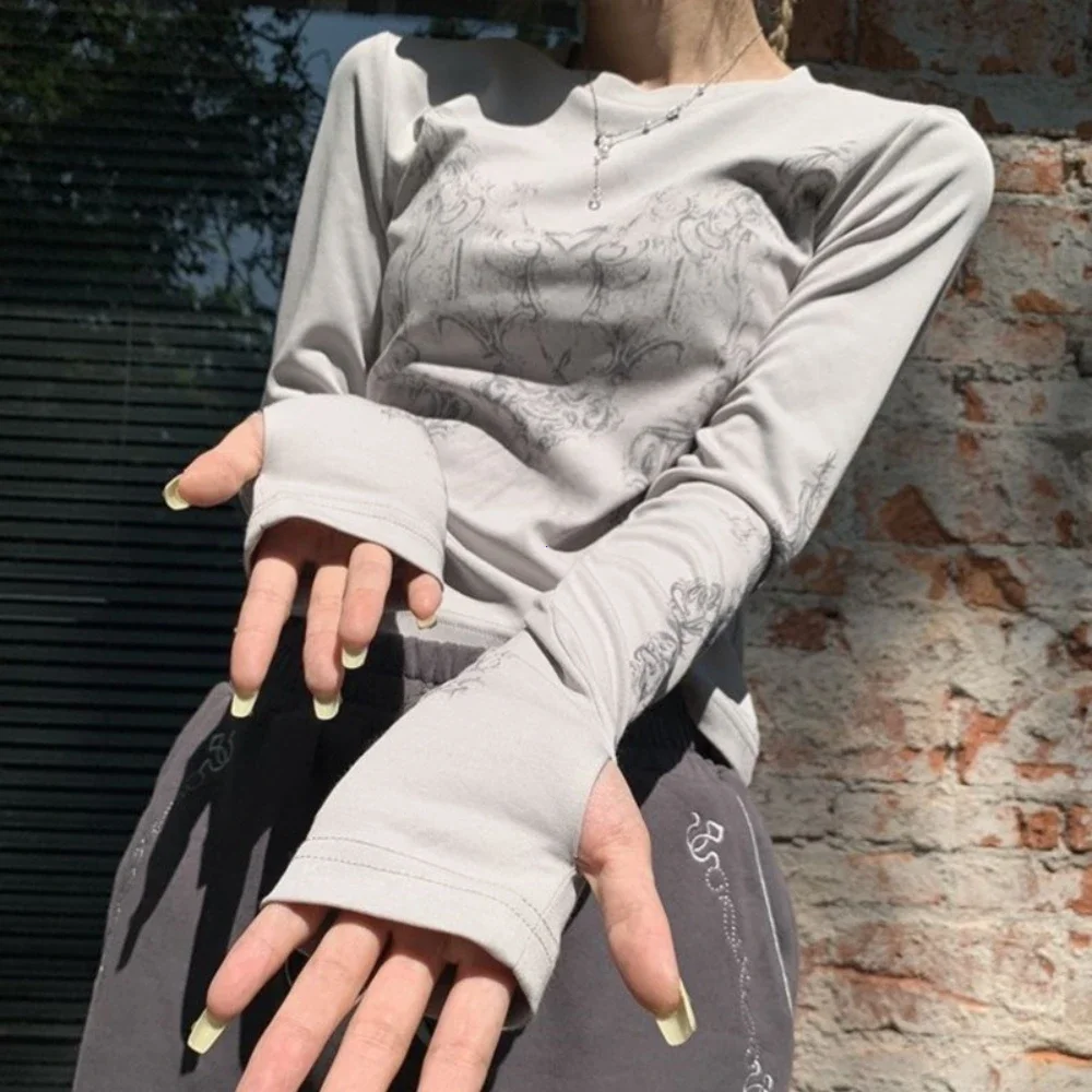 Nice Vintage Women Clothes Y2K T-shirts 2024 Blusas O-neck Long Sleeve Print Tunic Woman Clothing Fashion Casual Crop Tops Shirt