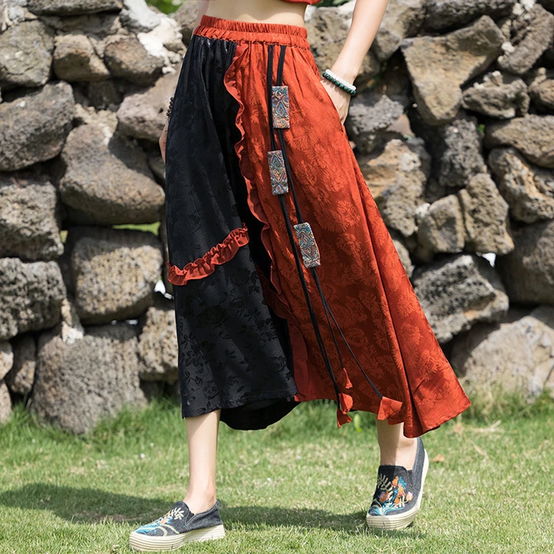 

High Waist A-line Long Skirt Women New Arrival 2025 Spring Vintage Style Patchwork Color Loose Female Casual Skirts M929