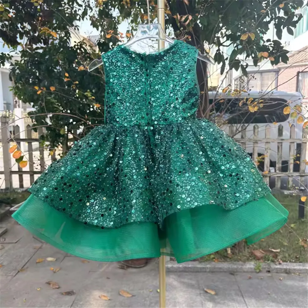Sparkly lovertjes bloemenmeisje trouwjurk mouwloos met strik prinses verjaardagsfeestje jurk kinderen heilige communie jurk aangepast