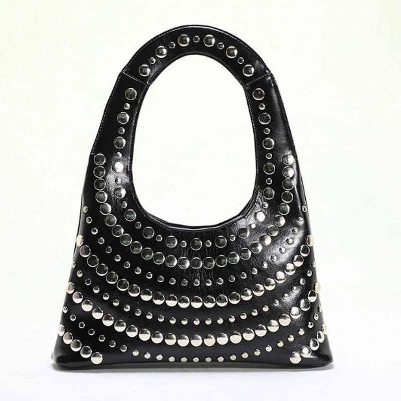 New Punk Style Heavy Industry Rivet Women Bag Inlaid with U-shaped Underarm Bag Red Shoulder Bag