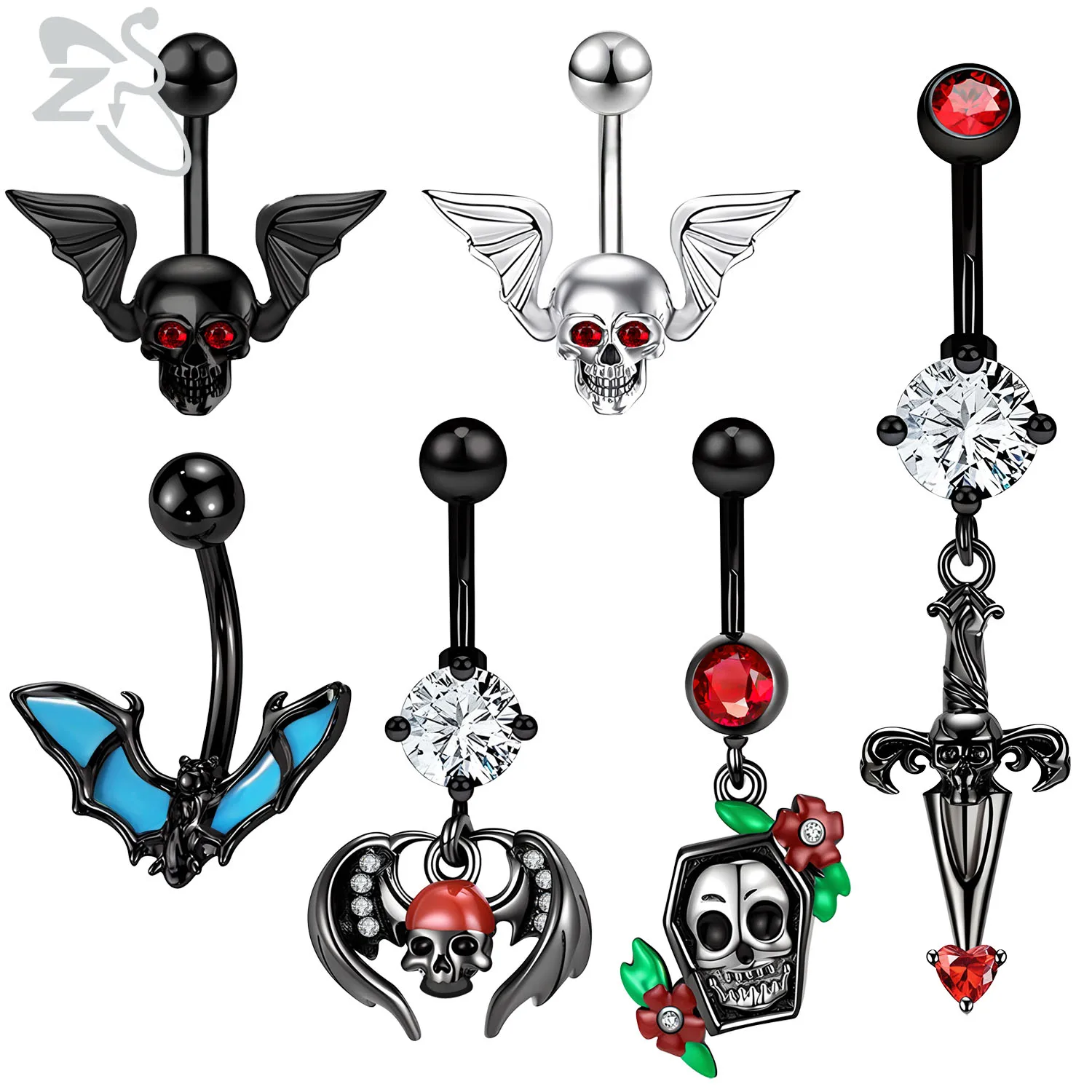 

ZS 1PC 14G Black Skull Belly Button Rings Red Crystal Pendant Navel Piercings For Women Stainless Steel Belly Ring Halloween