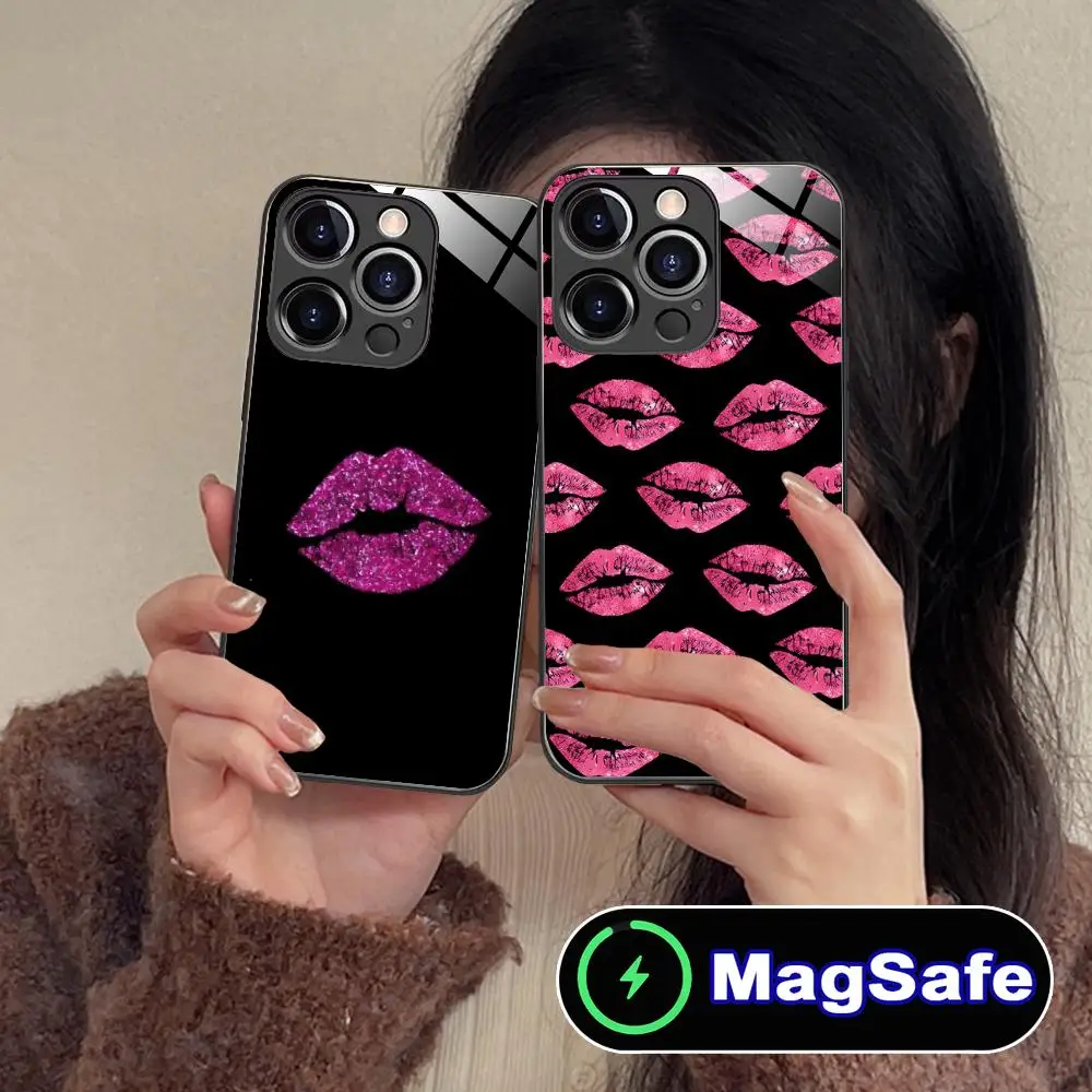 Kiss Lips Cute Glass MagSafe Mobile Phone Case for iPhone 17 16 15 14 13 12 11 Air Pro Max Plus Mini Colorful Cover