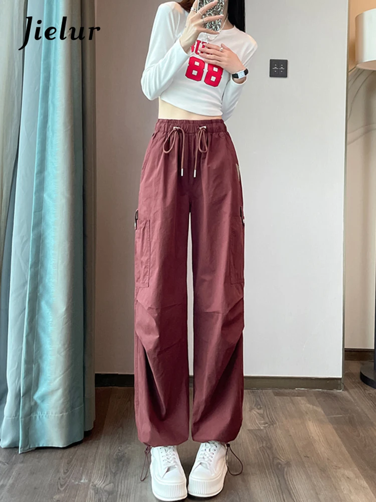 

Jielur Vintage Chic Pockets Women Cargo Pants Drawstring High Waist Khaki Casual Trousers Straight Solid Color Female Sweatpants