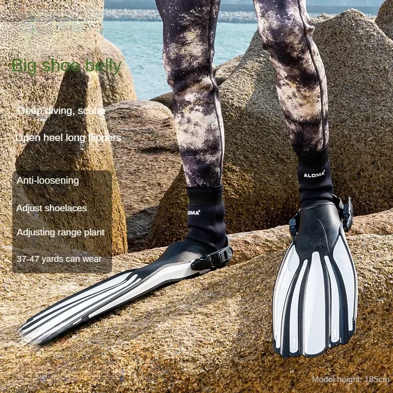 

Adjustable Open Heel Deep Diving Lung Long Fins with Diving Boots, Mid Length Frog Shoes, Four Line Diamond Size 3, 36-47