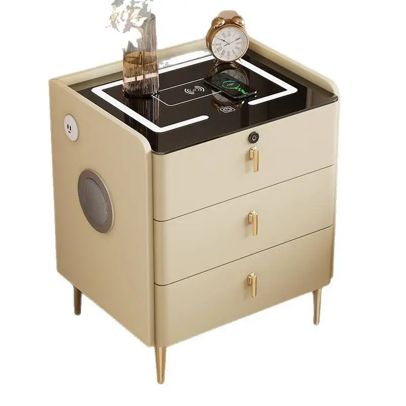 منضدة ذكية بيضاء، طاولة بجانب السرير خشبية مع وظيفة شحن لاسلكية وقفل بصمة الإصبع وخزانة بجانب السرير #4