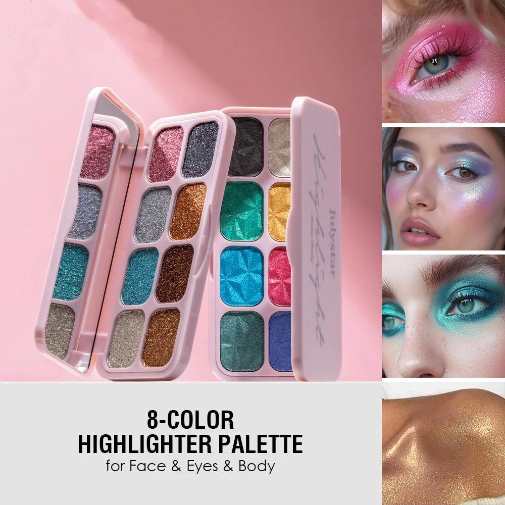 All-in-one 8 cores destaques paleta de maquiagem multicolorido sombra de olho disco roxo arco-íris glitter destaques maquiagem cromo olho mak