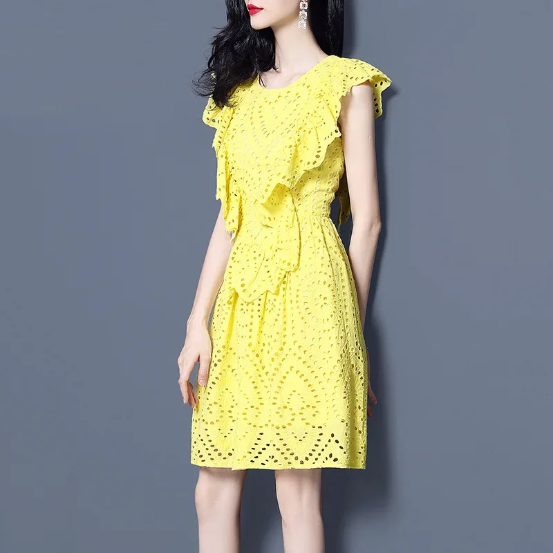 

High Quality Summer Dress New Fashion 2024 Yellow Dress Women O-Neck Short Butterfly Sleeve Hollow Out Cotton Casual Dress