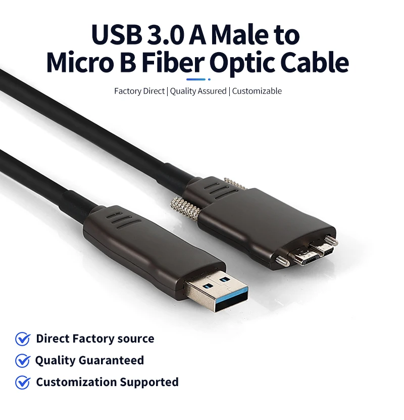 USB3.0 to Micro B Fiber Optic Cable for Machine Vision Industrial Cameras, High Flex Drag Chain with Locking Screws, 10Gbps