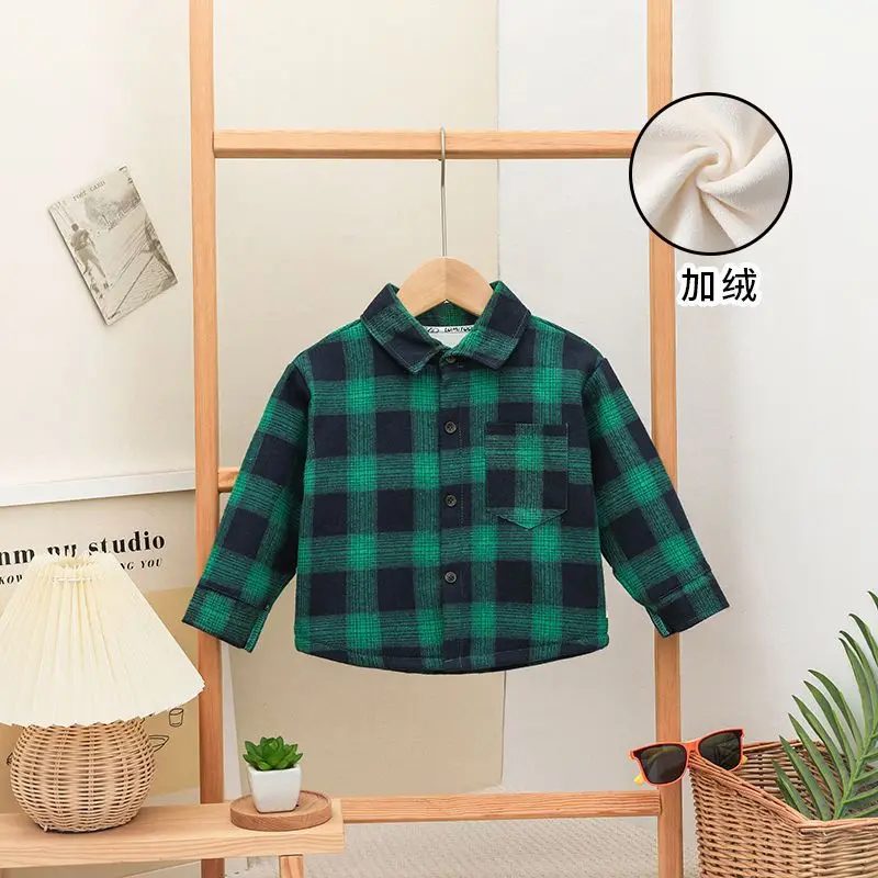 

Boys Velvet Shirt Autumn Winter Kids Fashion Striped Plaid Interior Top Children's Gentleman Warm Party Festival Perform Clothes