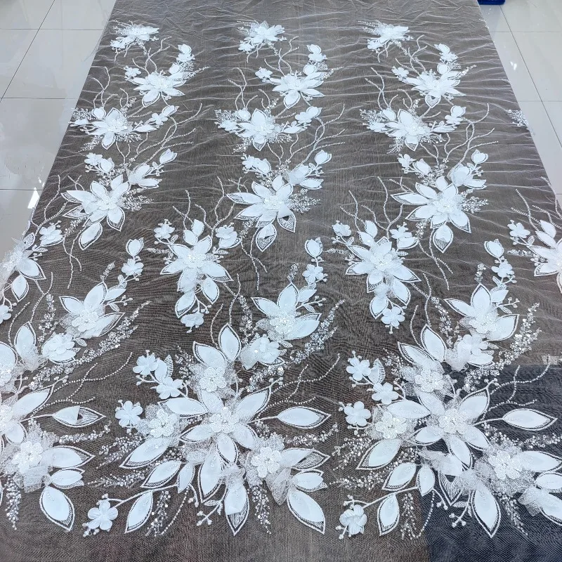 New Style Lace Fabric with Bead Embroidery and Sequins for DIY Wedding Dresses Children's Clothing and Curtain Decoration