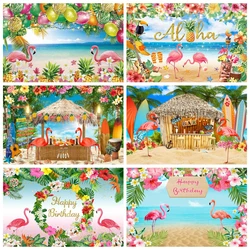 Summer Hawaii Beach Flamingo Backdrop Tropical Seaside Aloha Palms Tree Birthday Party Baby Photography Background Photo Studio