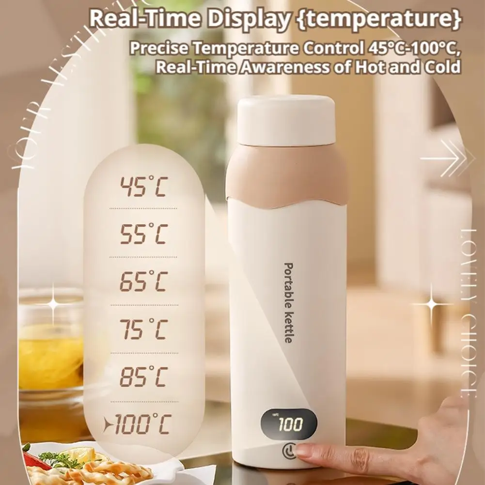 500ml LCD Electric Kettle WIth 304 Stainless Steel Hotel Camping 6 Temperature Control USB Portable Travel Heating Water Cup
