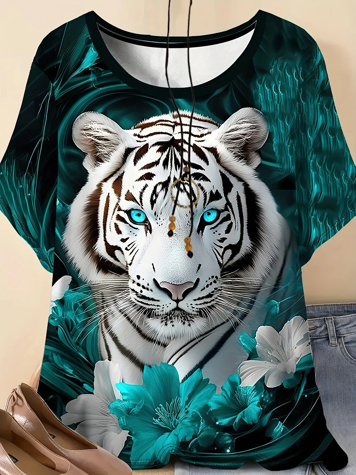 Women  Crew Neck Short Sleeve T-Shirt White Tiger Floral Jungle Print Loose Casual Teal Background Plus Size Ladies Tops