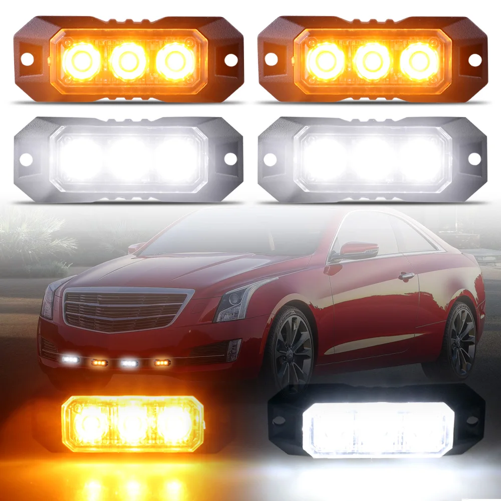 4PCS 3-LED Strobe Warning Light Strobe Grille Flashing Lightbar Car Vehicle Amber Flashing Light Emergency Hazard Warning Lamp