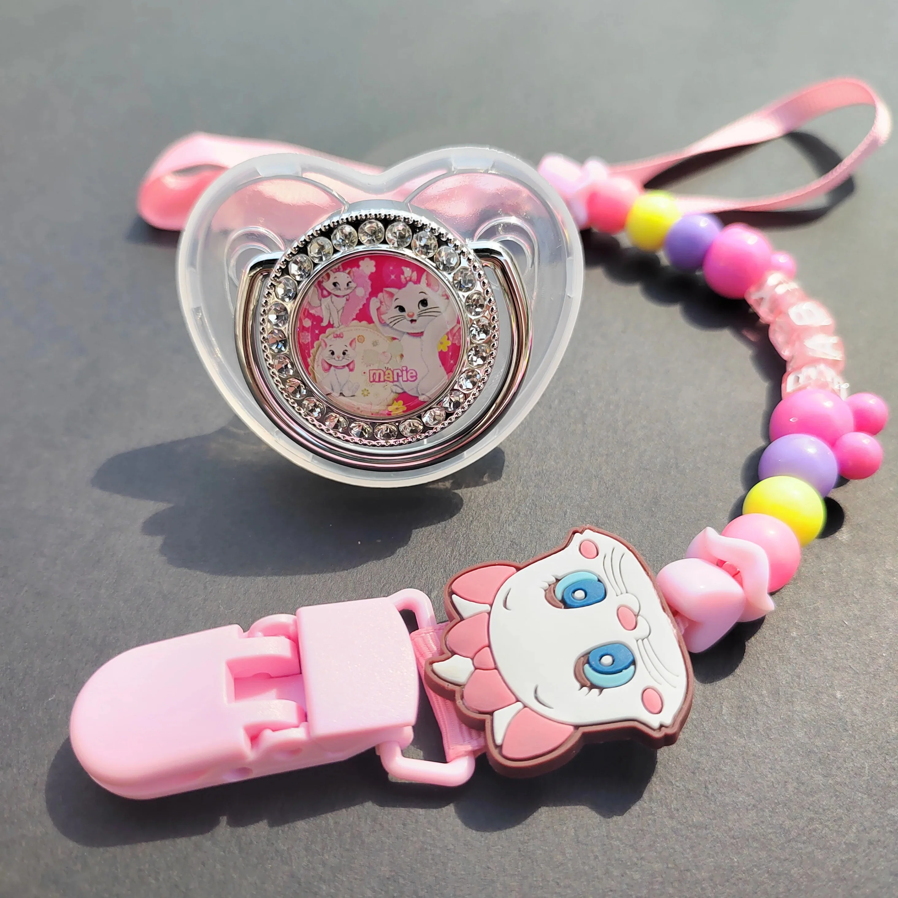 2024Kawaii Baby Personalized Pacifier Clip Pink Mary Cat Bling Luxury Pacifier holder Silicone newborn nipple Baby cleaning gift