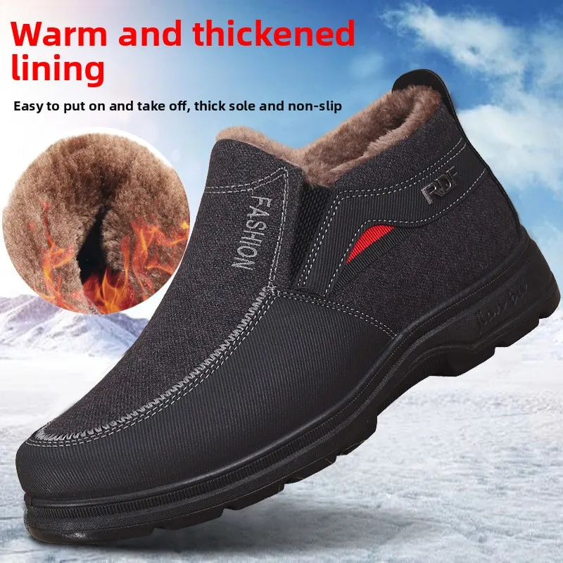 Men Winter Fleece Lined Ankle Boots Non Slip Sole Round Toe Elderly Dad Outdoor Warm Cotton Shoes