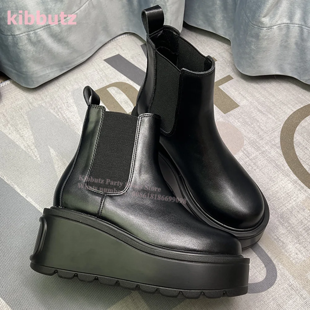 Chelsea Ankle Boots Genuine Leather Matte Solid Black Slip-On Round Toe Height Increasing Fashion Elegant Women Shoe 2023 Newest