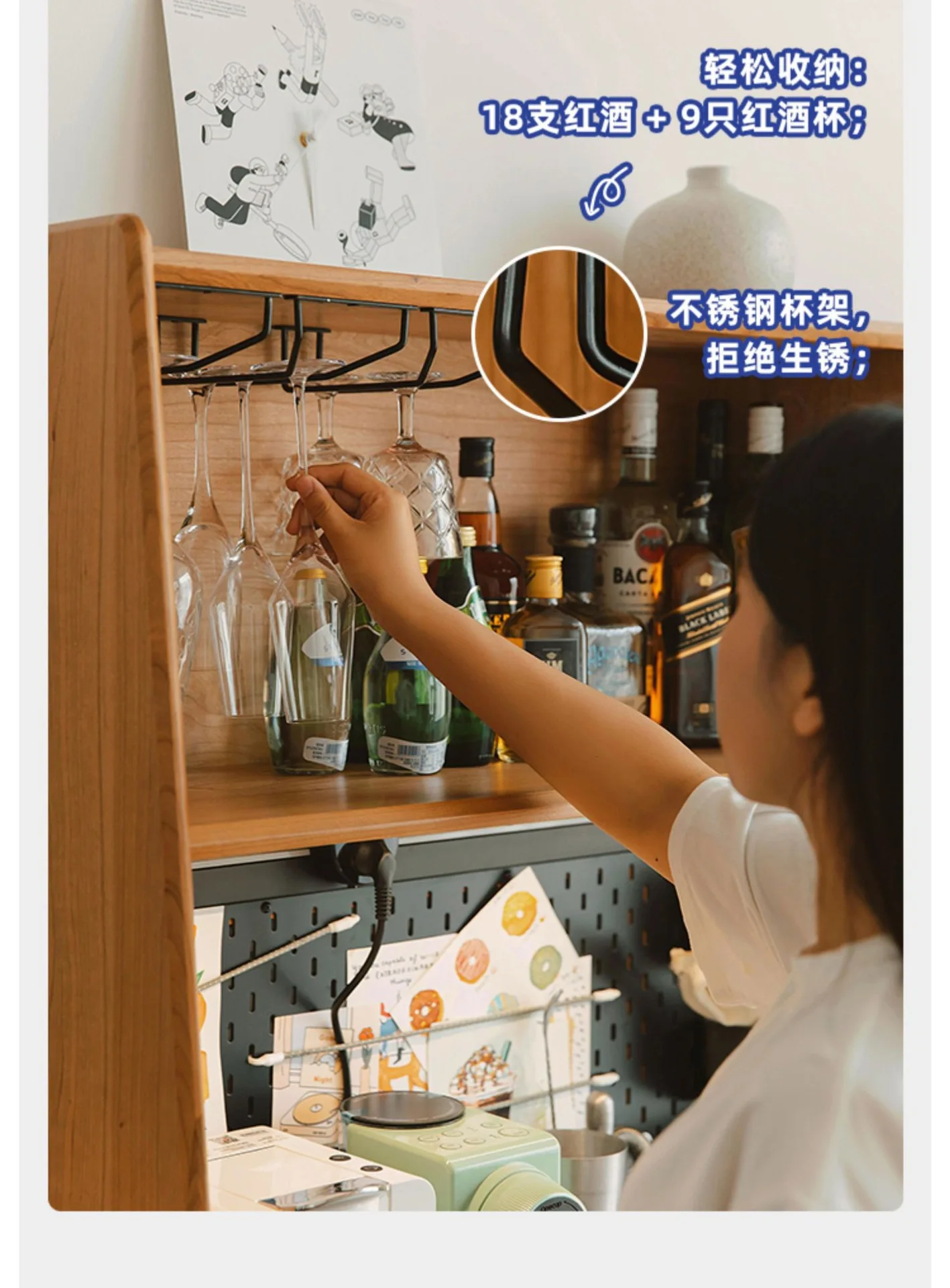 for Cherry Wood Japanese Solid Wood Side Cabinet Nordic Wall Storage Cabinet Household Tea Cabinet Dining Room Hole Board