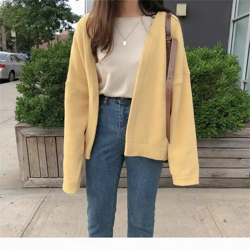 Sweater Women 2024 Fashion Solid Color V Neck Warm Cardigan Female Autumn Winter Loose Knit Female Cardigan Women BD4085