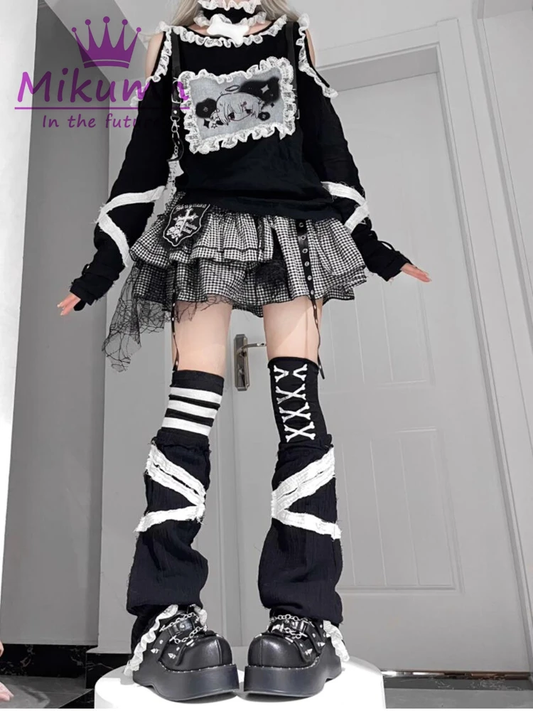 Mikumn Harajuku Girls Kawaii Punk Mini Skirts Y2k Gothic Lolita Black White Plaid Lace Cake Skirts Women A-line Rock Short Skirt