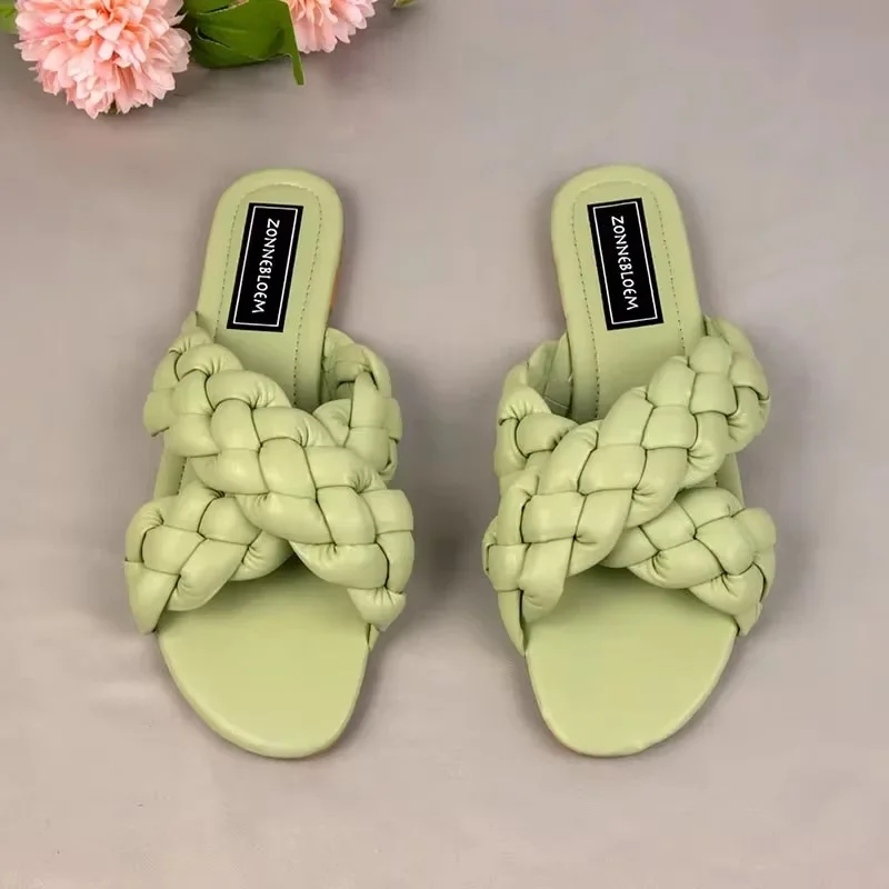 Size 39 Women Flat Sandals Clearance Sale Cross Weave Pattern Design Brand Slippers Daily Casual Summer Beach Shoes for Lady