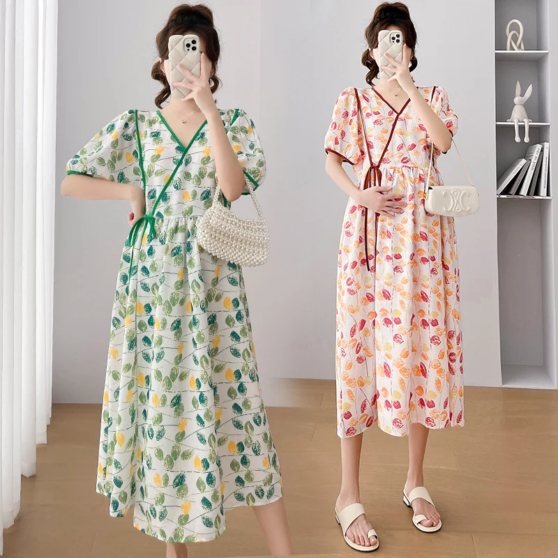 Green Orange Fashion Prinitng Maternity Chiffon Dress Summer Short Sleeve Cross V-neck Pregnant Woman Floral Beach Dress Clothes