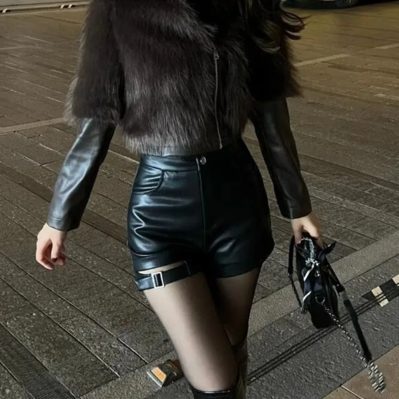 Leather High Waist Casual Shorts Plus Velvet Women Button Solid Hollow Out Sexy Slim Waterproof Trousers Lace-up Irregular Chic