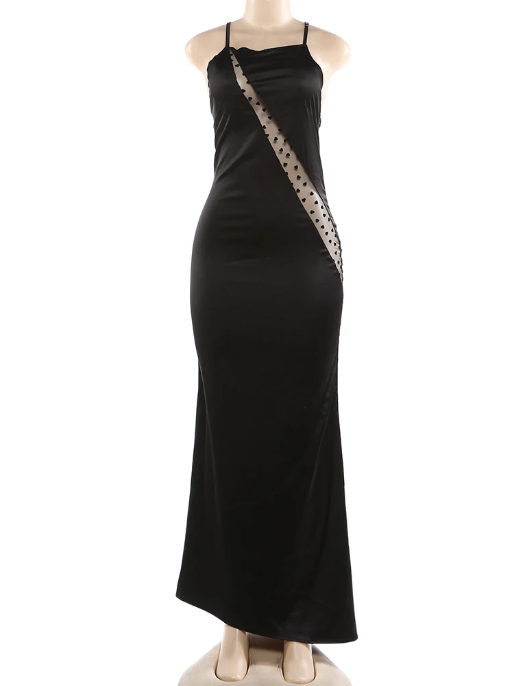 Kliou Sexy Mesh Patchwork Abito lungo Donna Collo basso Senza maniche Irregolare Backless Sera Prom Party Raso di seta Abiti eleganti