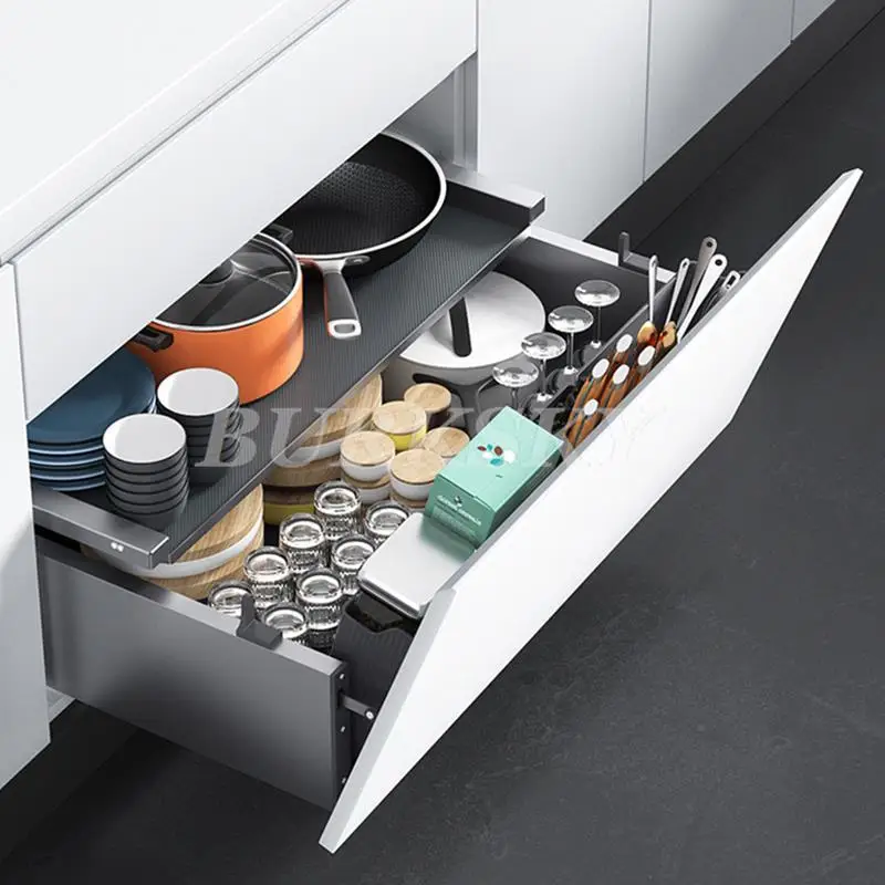 Basket-pulling kitchen cabinet with three-layer drawer-type aluminum alloy deepening cabinet with bowls, chopsticks, pots, pans