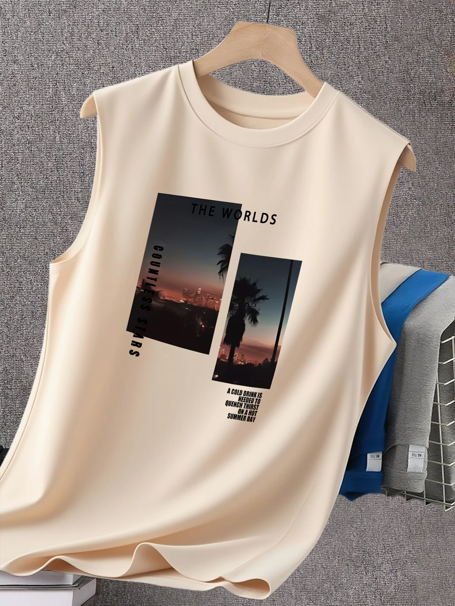 100% Pure Cotton Summer Men's Fashionable Casual Loose Sunset Print Fitness Sports Sleeveless Vest