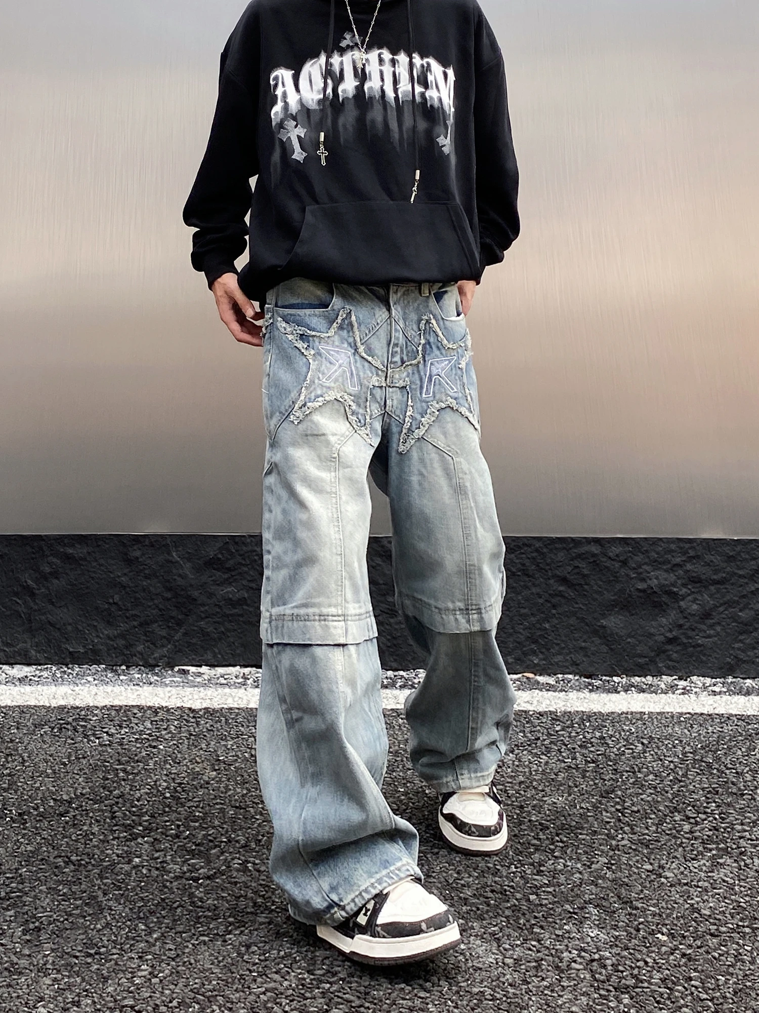 الرجعية الأمريكية Waed ممزق المطرزة الجينز الرجال فضفاض مستقيم واسعة الساق الثقيلة الهيب هوب شارع العليا السراويل جينز غير رسمي #4