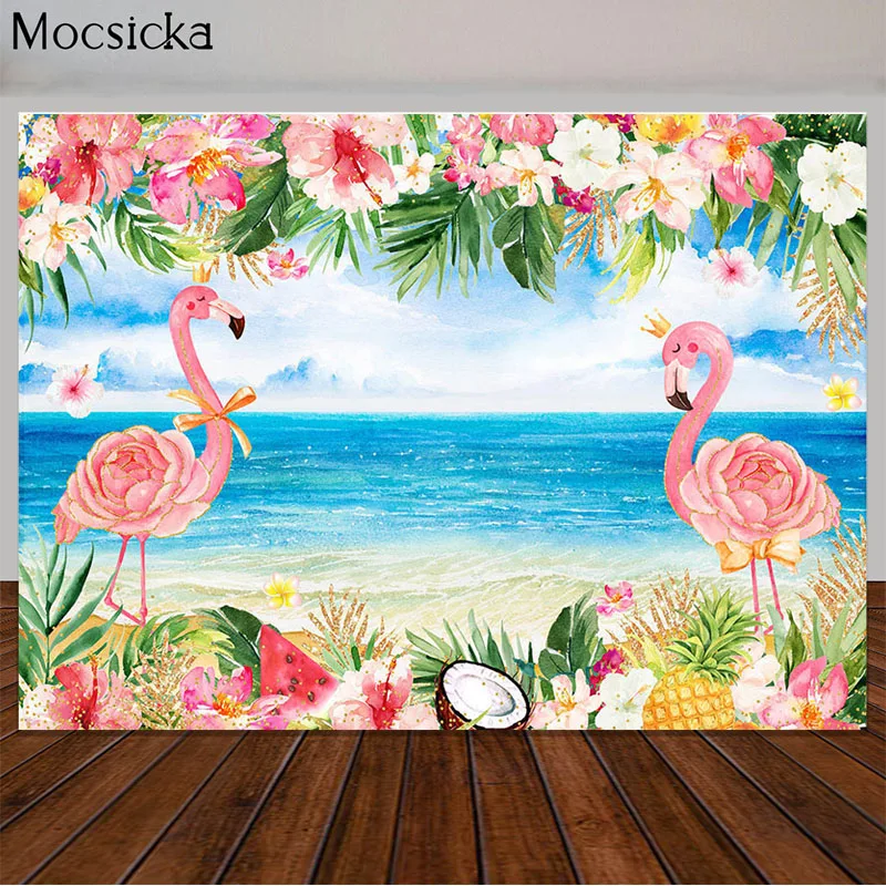 Фон для фотосъемки с изображением летнего пляжа, неба, океана, тропических цветов, пальмовых листьев, доски для серфинга, праздничный декор, баннер для фотосъемки