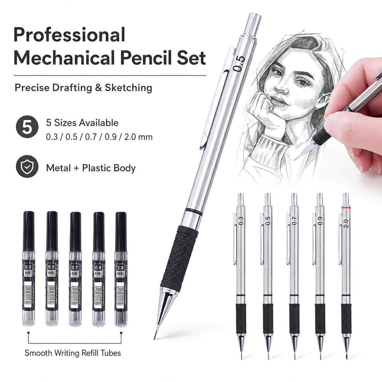 0.3/0.5/0.7/0.9/2.0mm Metal Mechanical Pencil Set with Leads, Anti Slip Soft Set Grip Handle Activity Pencil Writing Supplies