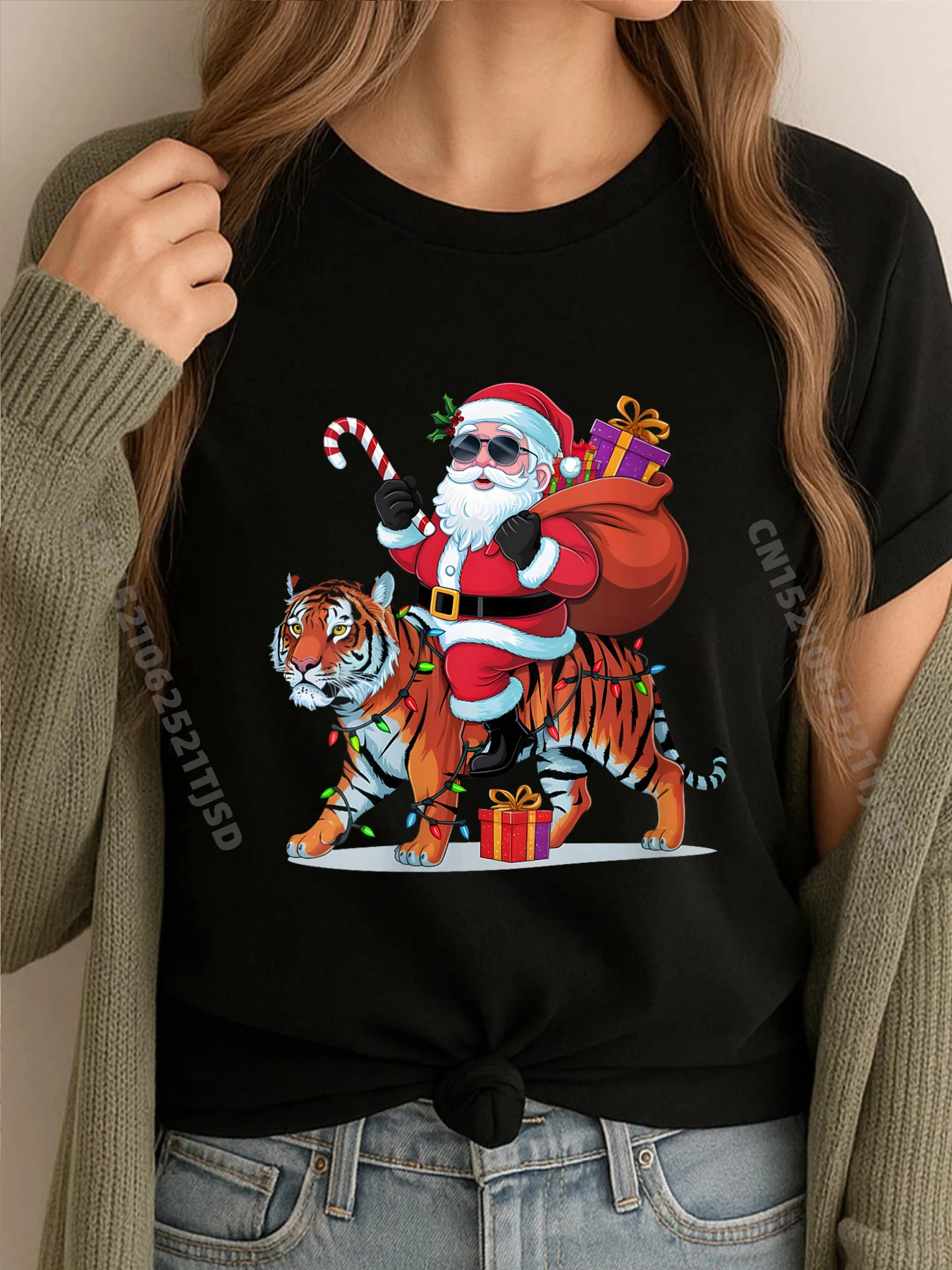 

Женская футболка с рождественским освещением Tiger Lover Santa Riding Tiger, рождественские черные футболки с рисунком, женская футболка на день влюбленных