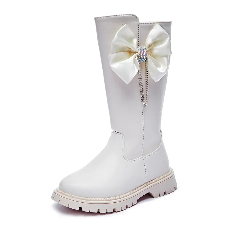 2024 Autumn Winter New Boots for Girls Children Fashion Boots Kids Long Boots Princess Chic Butterfly-knot Rhinestone Pendant