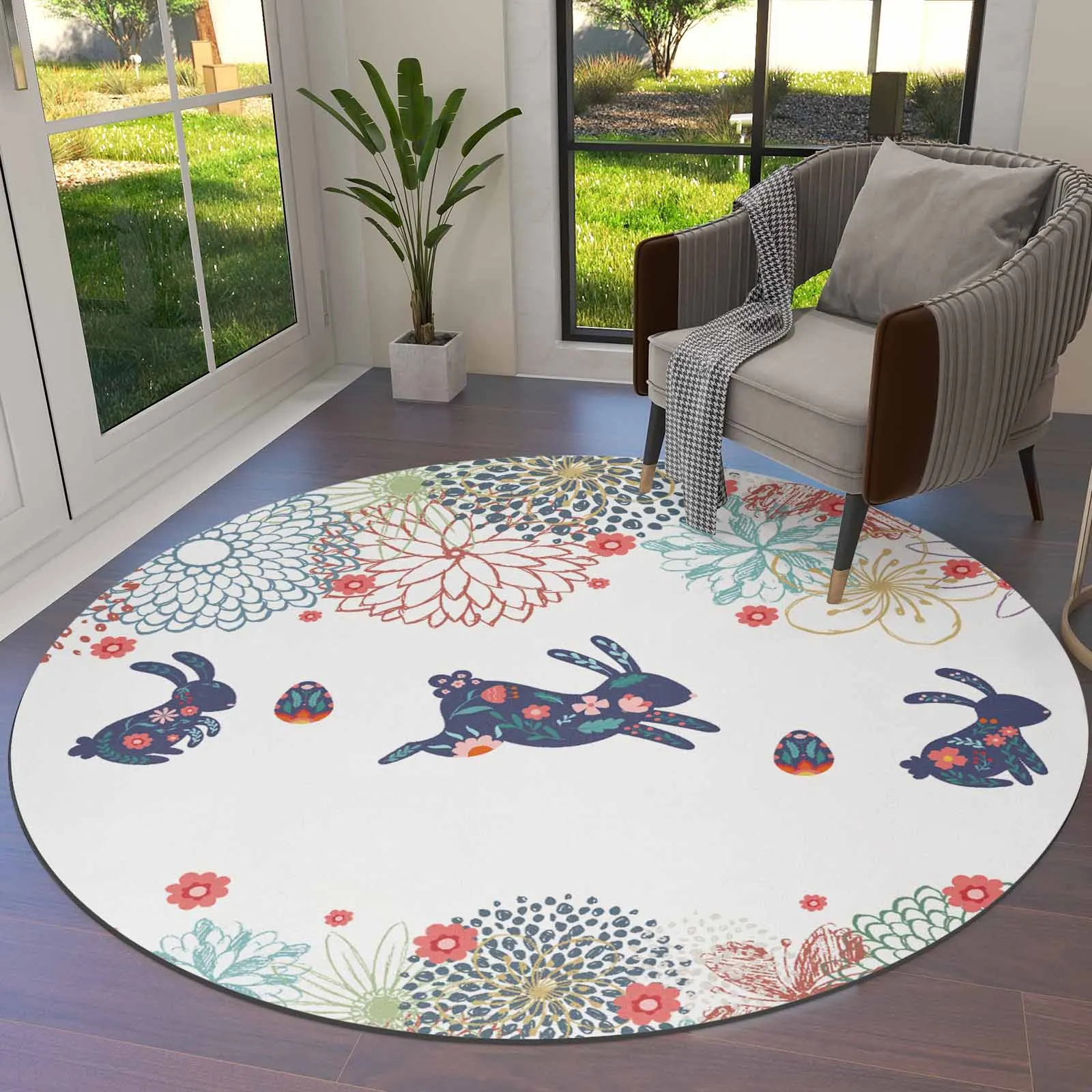 Rabbit Printed Easter Eggs And Flowers Round Area Rug Carpets For Living Room Large Mat Home Bedroom Kid Room Decoration