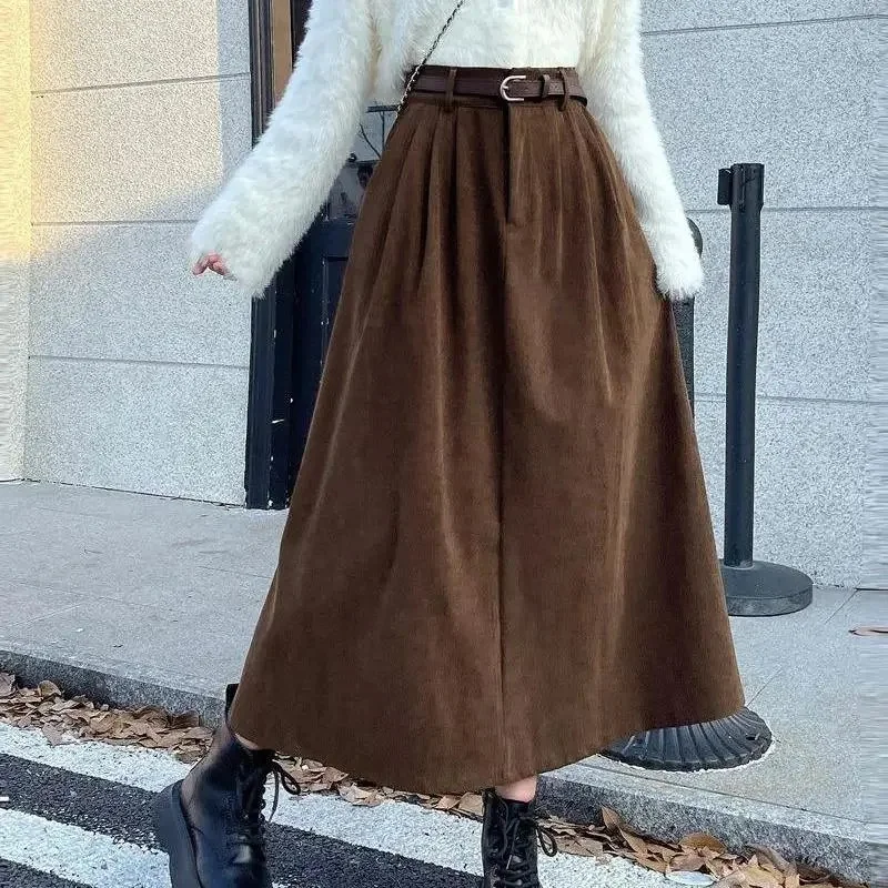 Vintage ceinture velours côtelé jupe Midi femmes taille haute plissée une ligne jupes automne hiver Streetwear coréen décontracté tout Match jupe