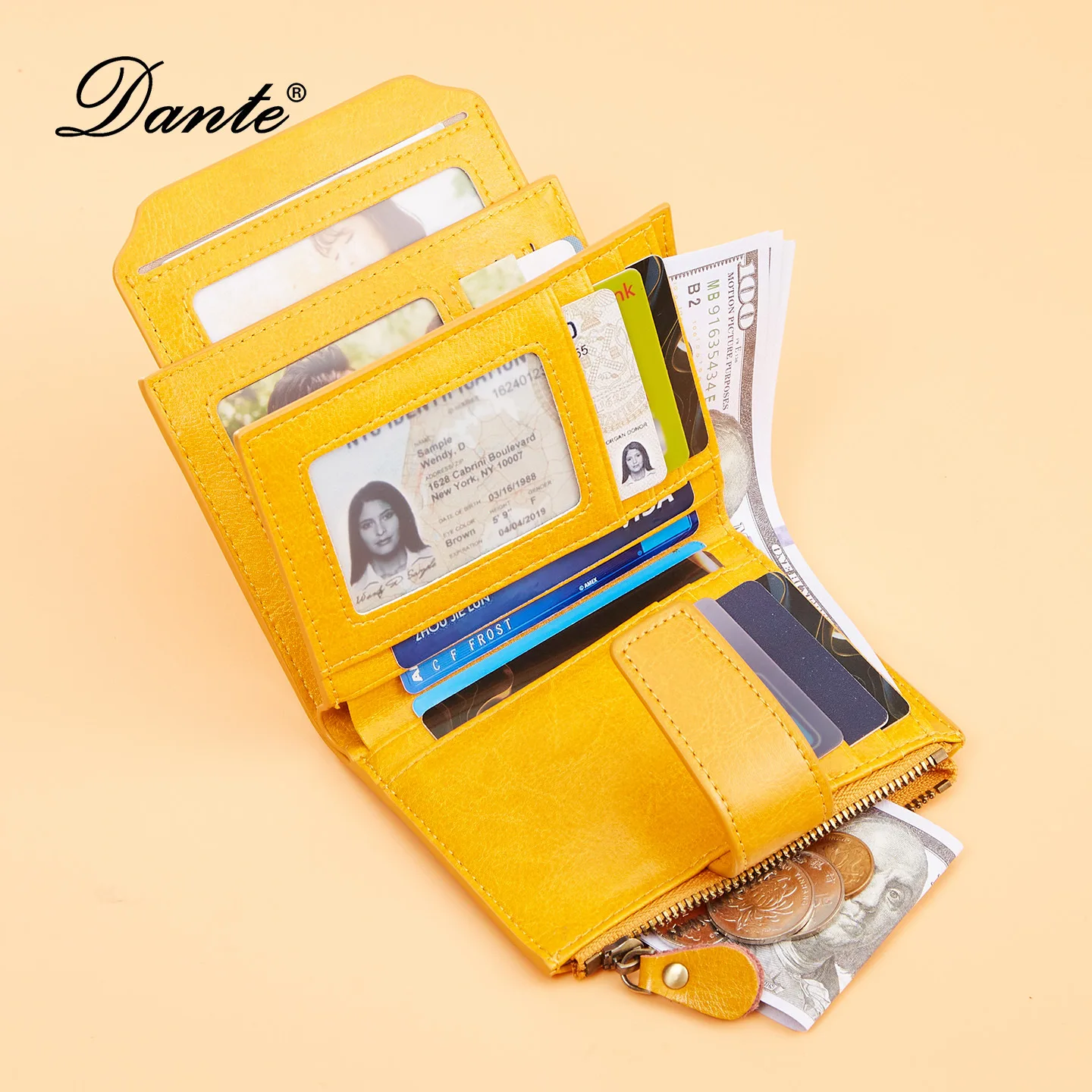Dante 2026 New RFID Women Short Wallet Korean Trifold Double Zipper Oil Wax Cowhide Cardholder Coin Purse Ladies Money Clip