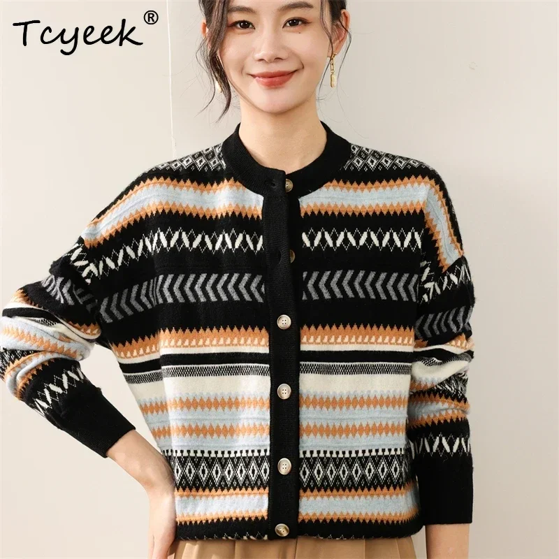 European Retro Autumn Winter Women's Sweater 100% Merino Wool Sweater Cardigan Warm Commut Clothes Grace Knit Geometric Jacquard