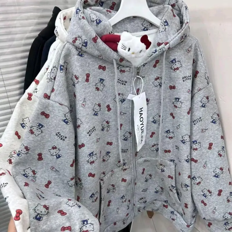 

Толстовка с капюшоном с принтом Hello Kitty, осень-зима, утепленный теплый кардиган, пальто, женские свободные топы на молнии с длинными рукавами Y2K