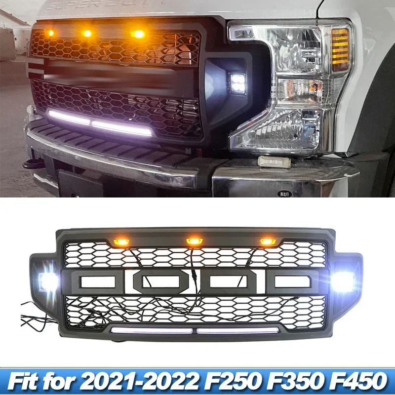 

Подходит для 2021 2022 Ford F250 F350 F450 гриль с боковыми кубиками светодиодами и фотопланкой F250 F350 F450 решетка модификация переднего бампера