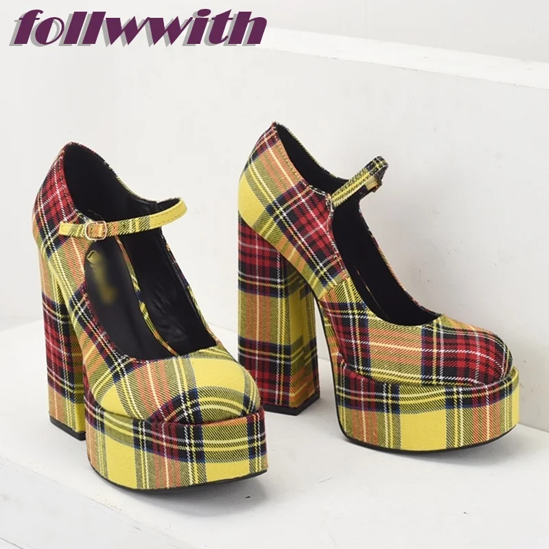 Yellow Plaid Gingham Square Heel Pumps Platform Super High Autumn  Fashion Modern 2024 Hot Sale New Arrival Shoes