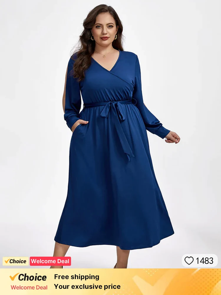 

Plus Sized Clothing Casual Criss Cross V Neck Dress Hollow Out Lantern Sleeve Long Sleeve Wrap Belted with Pockets Length Dress