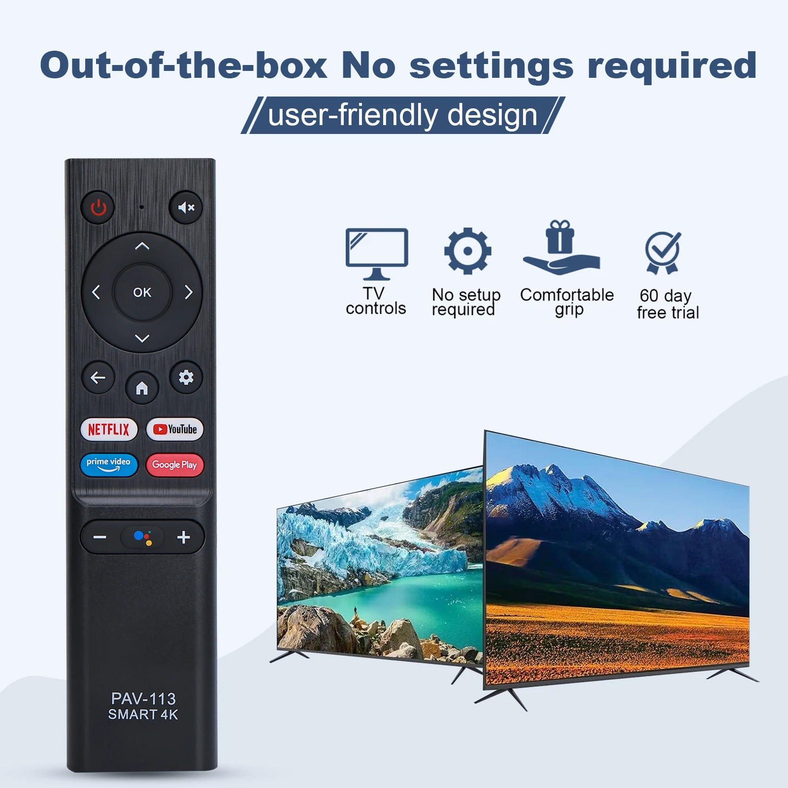PAV-113 Smart 4K TV-Fernbedienung, Ersatzfernbedienung mit Netflix-, YouTube-, Prime Video- und Google Play-Schnellzugriffstasten