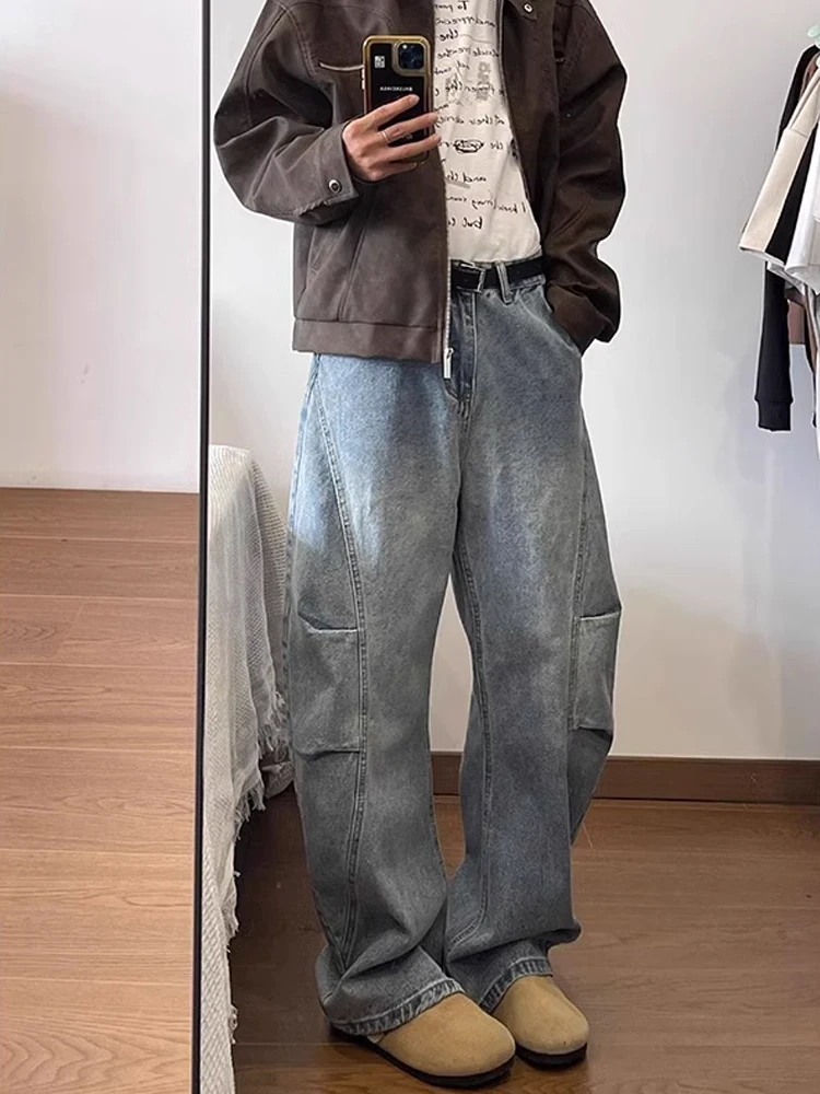 

Light Blue Pleated Deconstructed Workwear Jeans Men's American Vibe Pants Spring Autumn Loose Straight Leg Denim Jeans