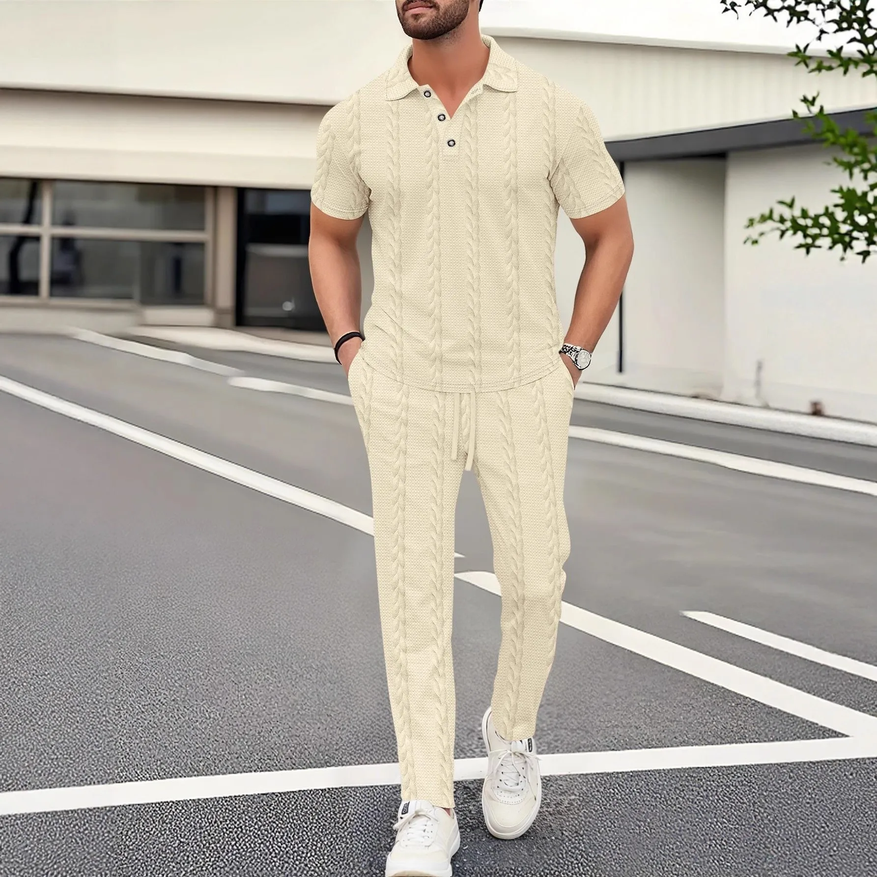 

Men's Casual ort Sve irt And Long Pants Set Pure Color Buttoned Floral Embroidery Autumn Collection Faion Outfit