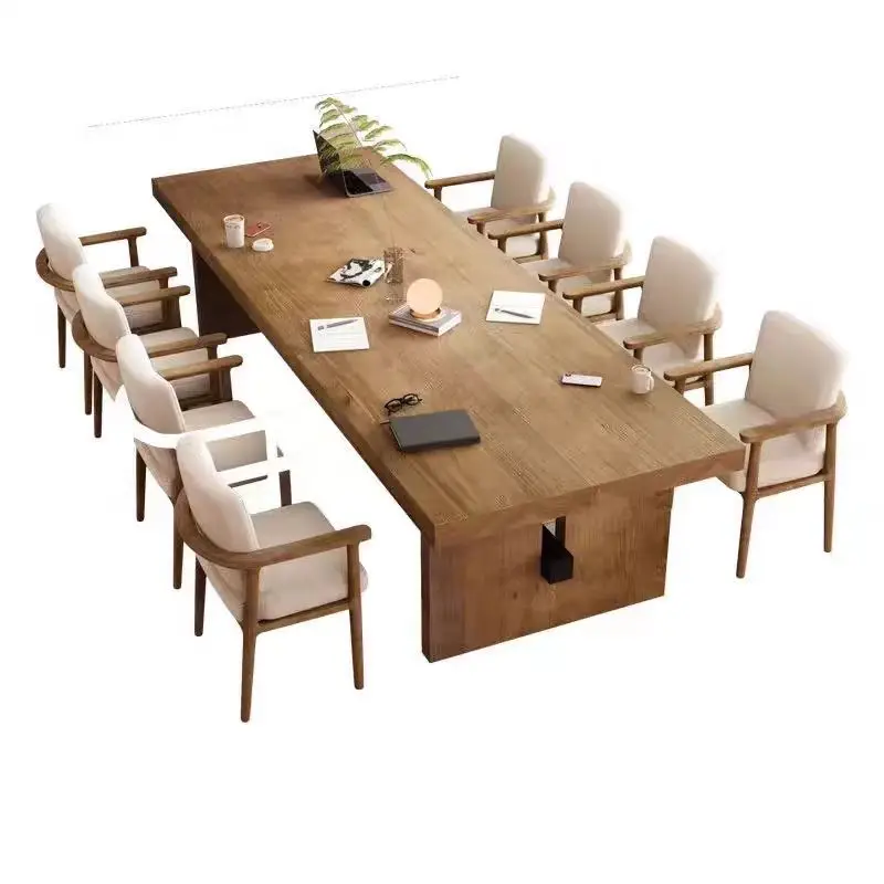 

Modern simple solid wood desk Large studio staff negotiation conference table School library log desk